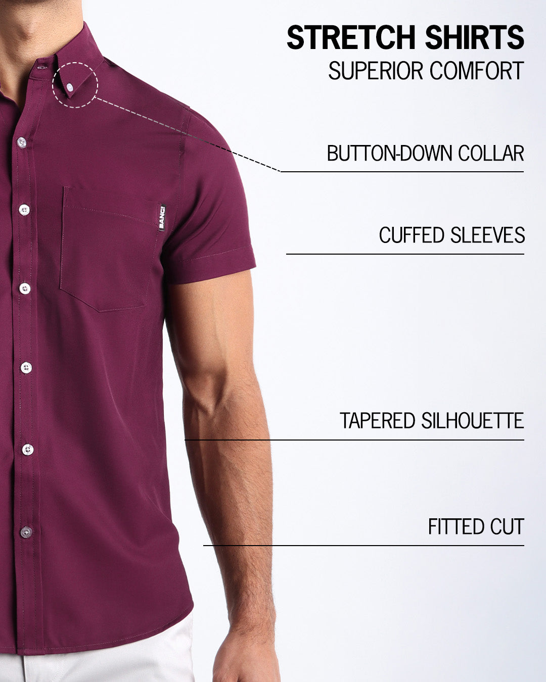 An infographic explaining the features of the men’s sleeveless Hawaiian Stretch Shirt. The shirt offers superior comfort, a fitted cut, tapered silhouette, cuffed sleeves, and a button-down collar.