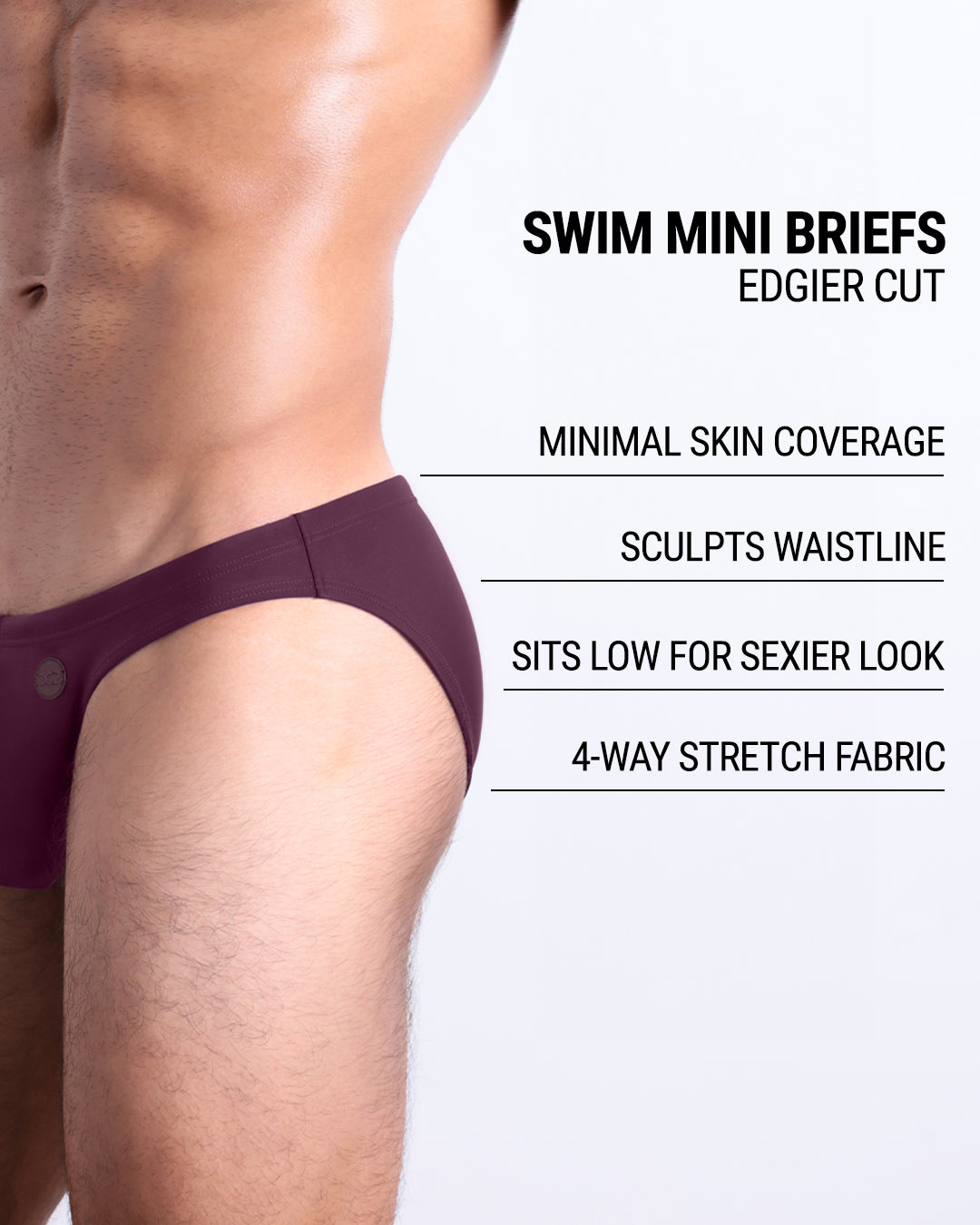 DC2 Very Berry Swim Mini Brief fit details — minimal skin coverage, low-rise sexy fit, sculpted waistline, and 4-way stretch fabric.