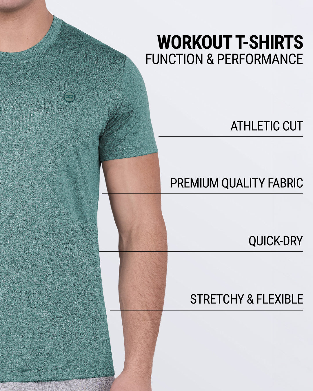 DC2 VIKING GREEN Fitness T-shirt — labeled graphic highlighting features: quick-dry, stretchy, and premium.