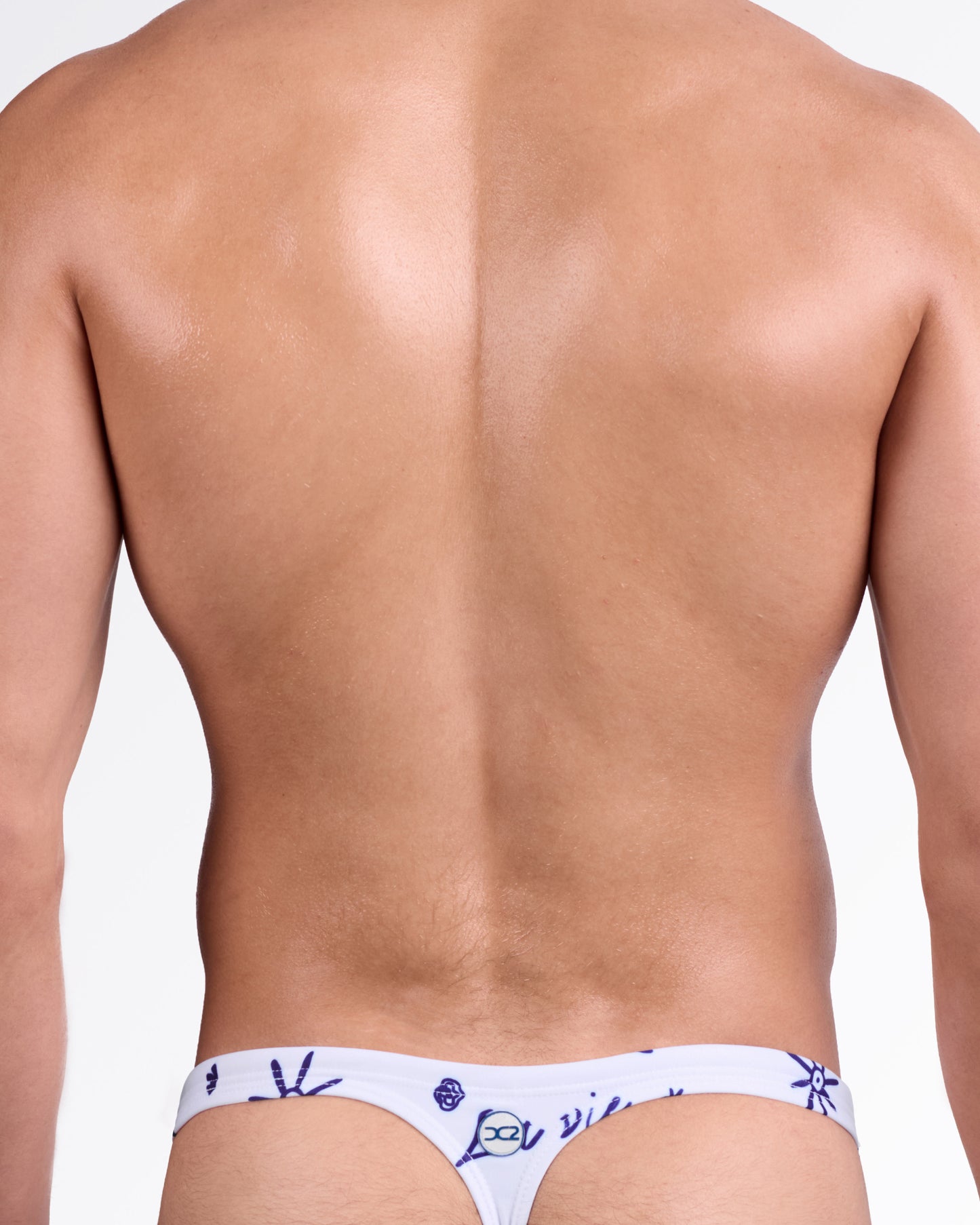 DC2 Viva La Vida (Blue) Swim Thong — back view showing minimal thong silhouette, low-rise waistband, and all-over blue illustrated print detail.