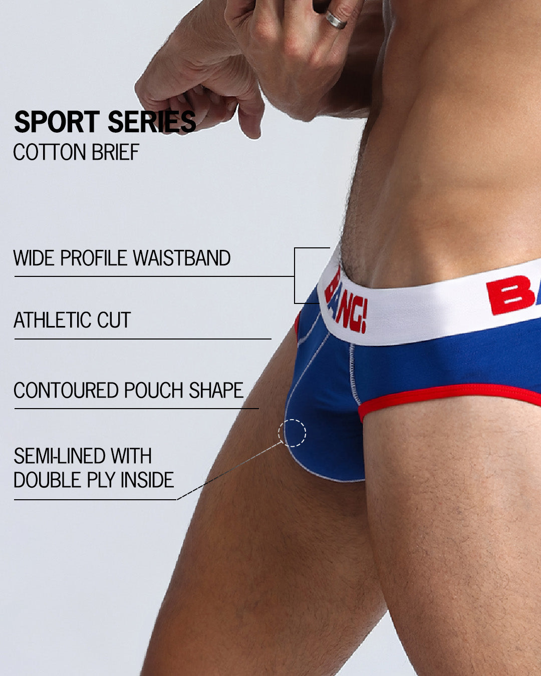 An infographic displays the premium quality of the Cotton Brief Sport Series. It features a wide profile waistband, athletic cut, contoured pouch shape, and semi-lined with double ply inside.