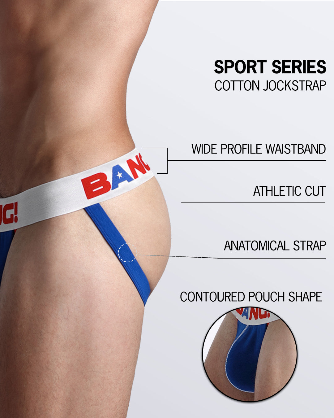 An infographic displays the premium quality of the Cotton Jockstrap Sport Series. It features a wide profile waistband, athletic cut, contoured pouch shape, and an anatomical strap.