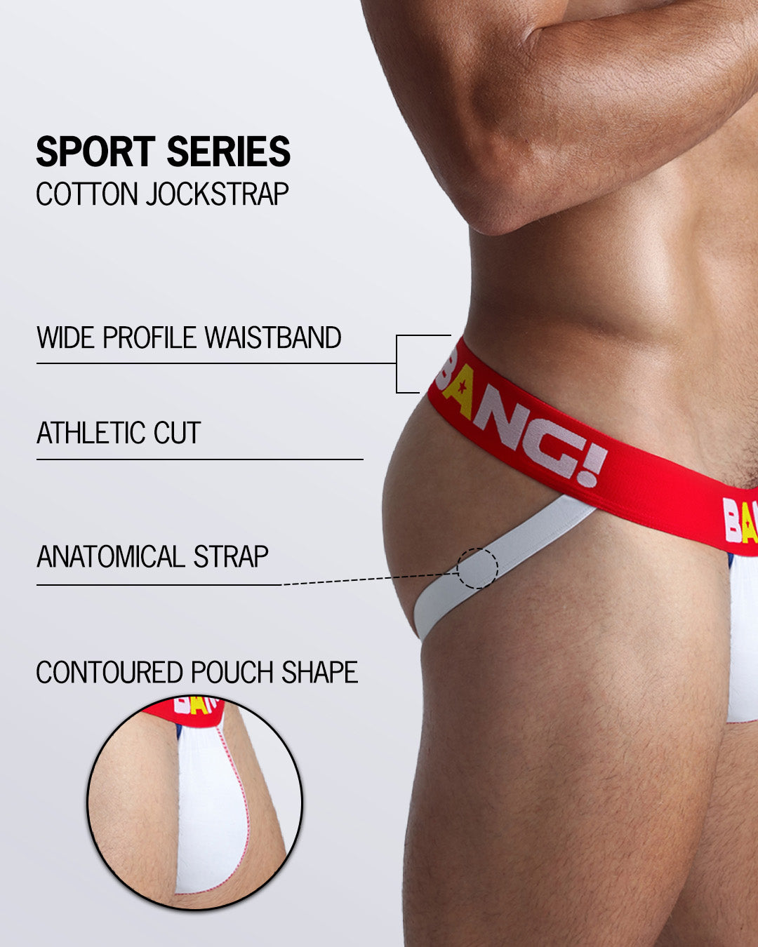 An infographic displays the premium quality of the Cotton Jockstrap Sport Series. It features a wide profile waistband, athletic cut, contoured pouch shape, and an anatomical strap.