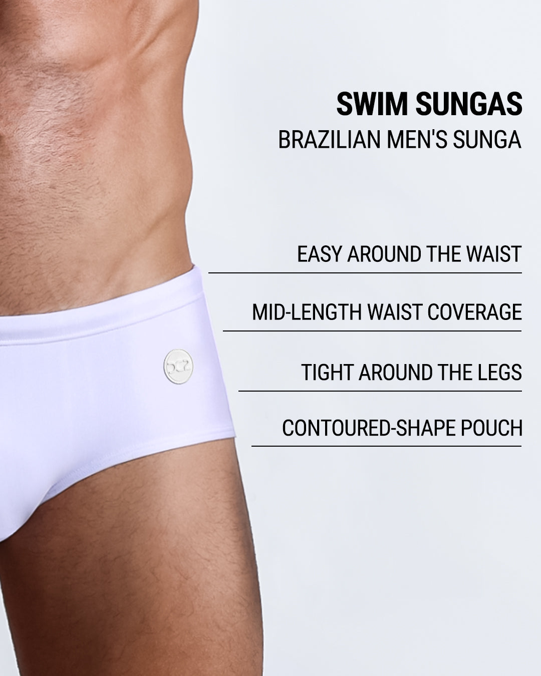 Product details graphic of WHITE PARTY Swim Sunga — features mid-length waist, snug legs, contoured pouch.