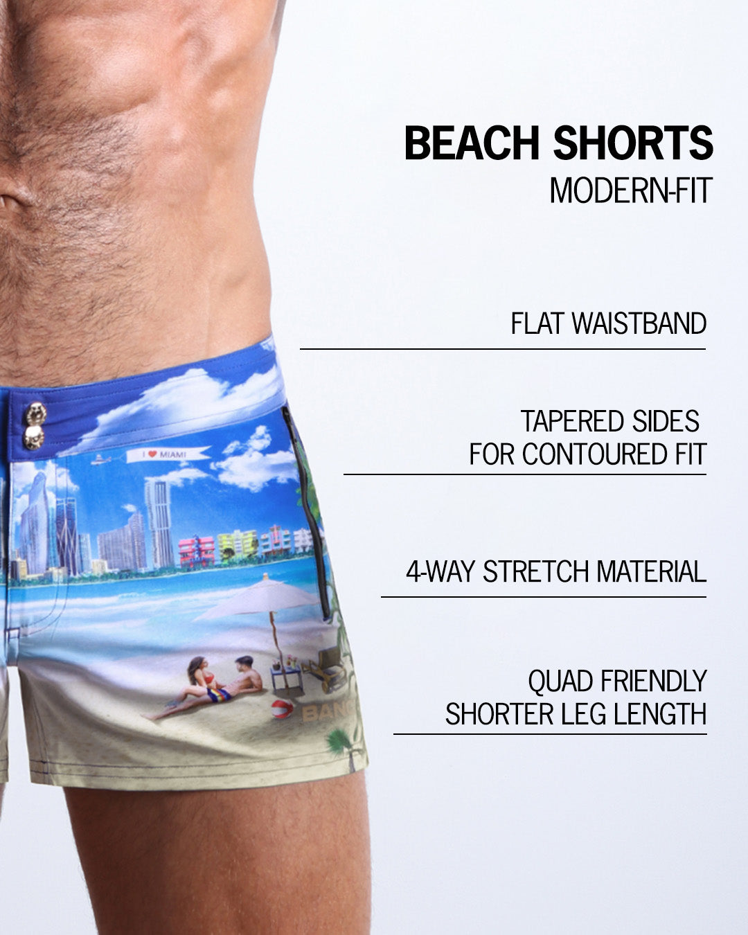 Infographic explaining the many features of these modern fit WISH YOU WERE HERE Beach Shorts by BANG! Clothes. These swimming shorts have a flat waistband, tapered sides for a contoured fit, 4-way stretch material, and quad-friendly leg length.