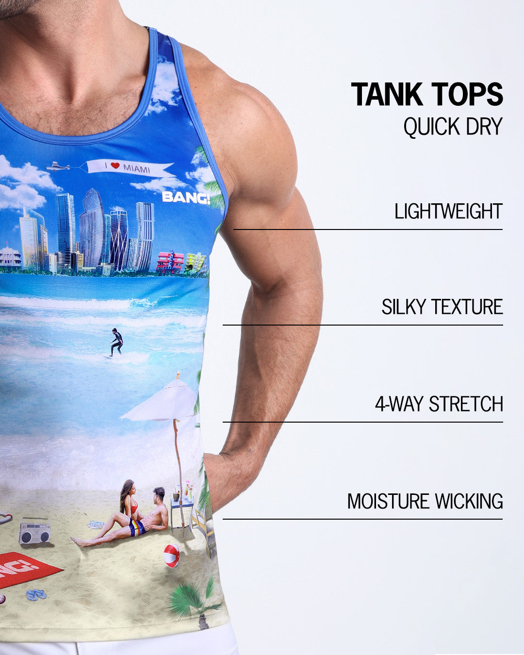 An infographic explaining the features of the lightweight, silky texture, 4-way stretch, and moisture-wicking material of the BANG! fitness tank top.