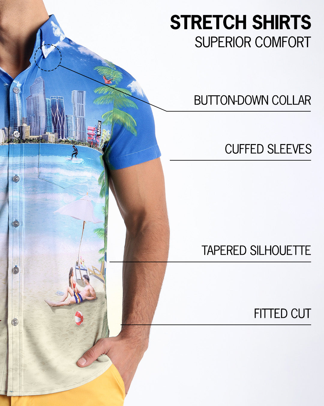 An infographic explaining the features of the men’s sleeveless Hawaiian Stretch Shirt. The shirt offers superior comfort, a fitted cut, tapered silhouette, cuffed sleeves, and a button-down collar.
