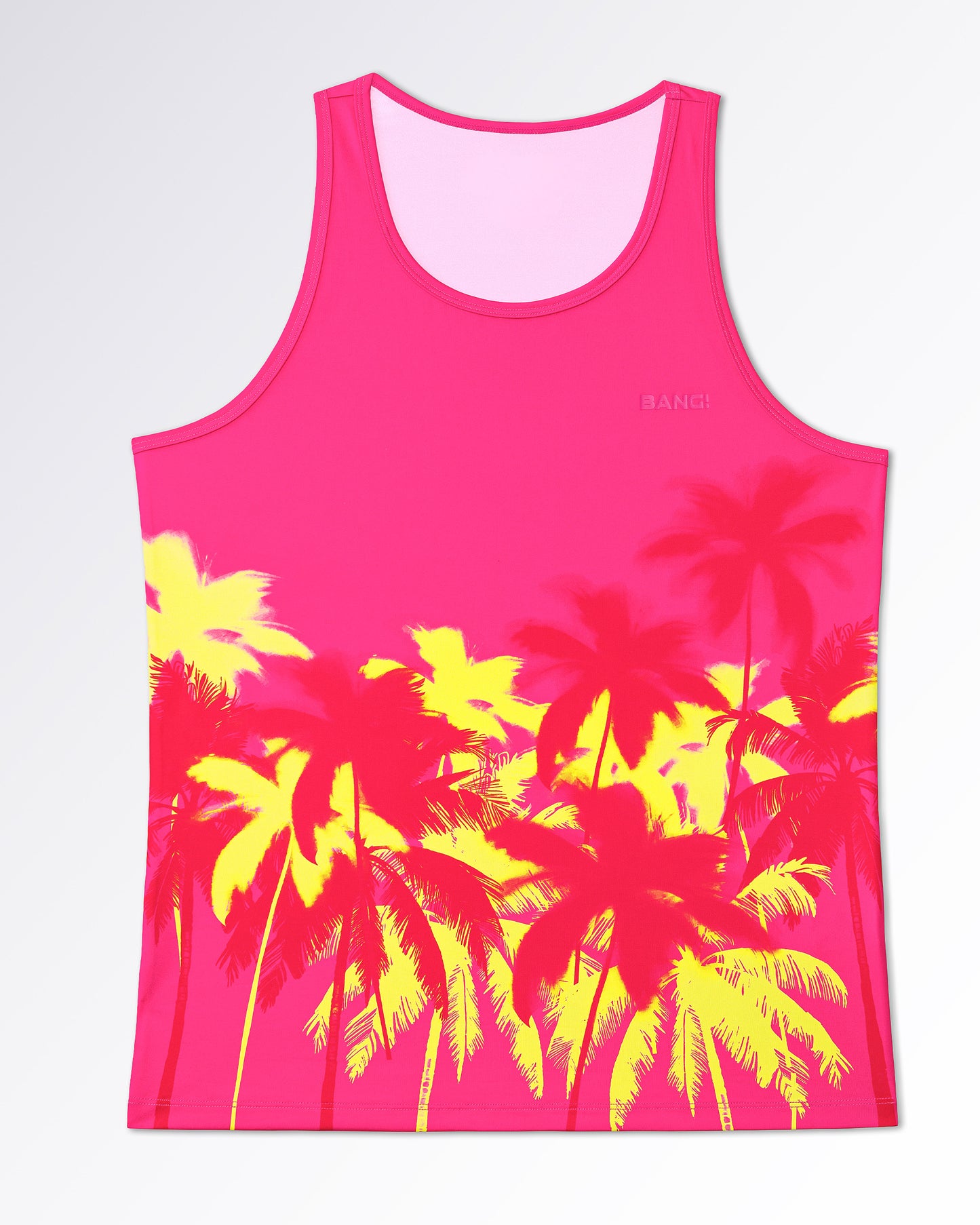Model wearing Wuthering Heights (Fucsia) Tank Top by BANG! — bright pink performance tank with yellow palm tree print and fitted silhouette.