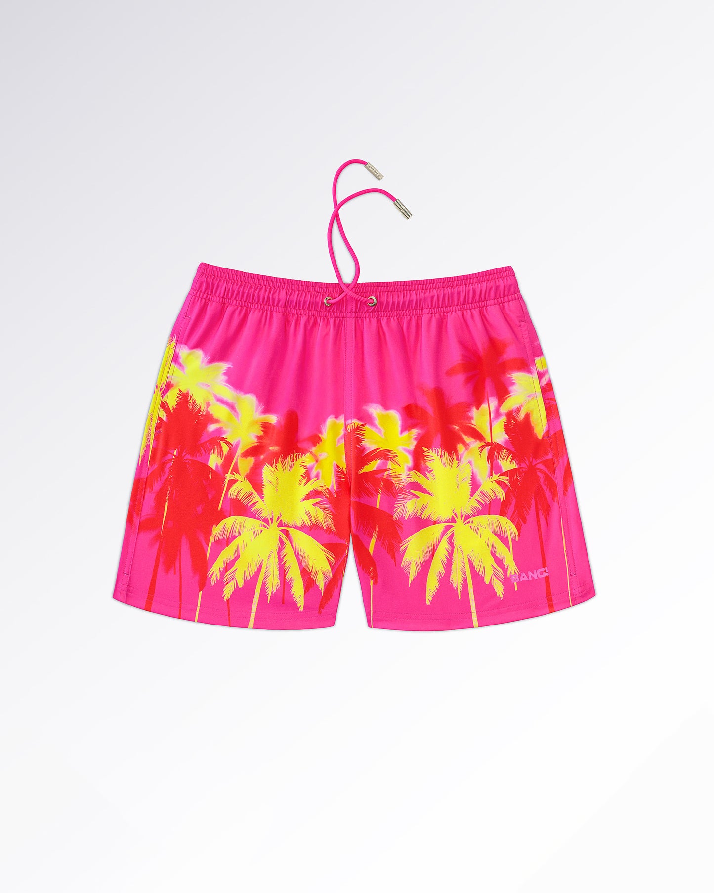 BANG! Miami Wuthering Heights (Fucsia) Resort Shorts — flat lay of vibrant fucsia resort shorts featuring tropical palm tree artwork in neon yellow and red tones with relaxed drawstring styling.