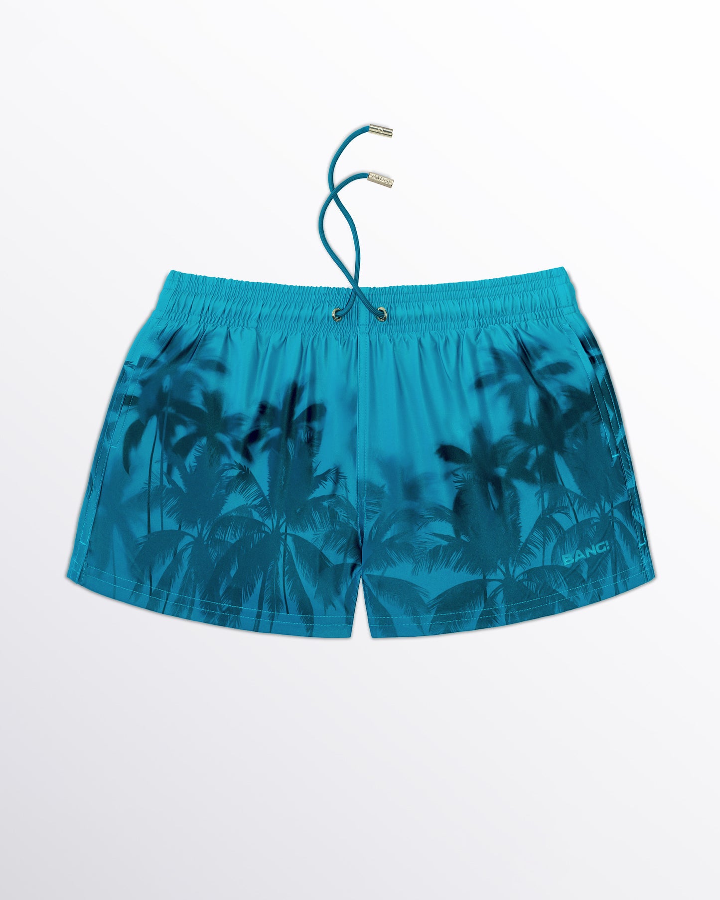 BANG! Miami Wuthering Heights (Shades) Show Shorts — flat lay of turquoise blue show shorts with tonal palm tree print and tropical-inspired design.