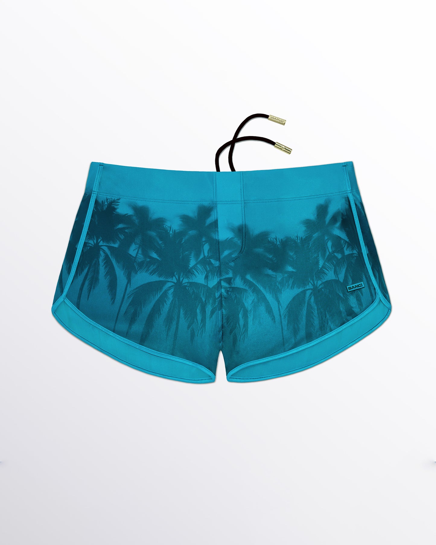 BANG! Miami Wuthering Heights (Shades) Swim Shorts — flat lay of turquoise blue swim shorts with tonal palm tree print and retro tropical-inspired design.