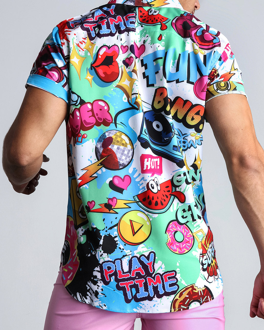 Back view of a stretch shirt from BANG! Clothes brand in miami florida for men is a perfect fitting hawaiian button down for all styles