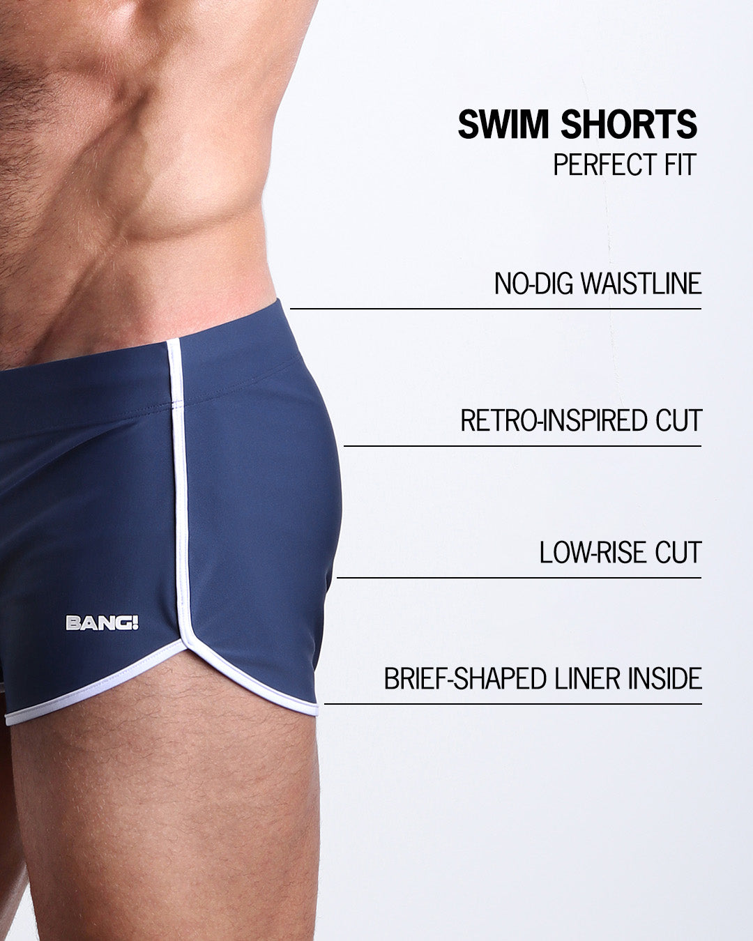 Infographic explaining the features of the BLUE JEAN Swim Shorts made by BANG! Clothes. These perfect fitting mens swim shorts are retro-inspired cut, low-rise cut, brief-shaped liner inside, and have no-dig waistline.