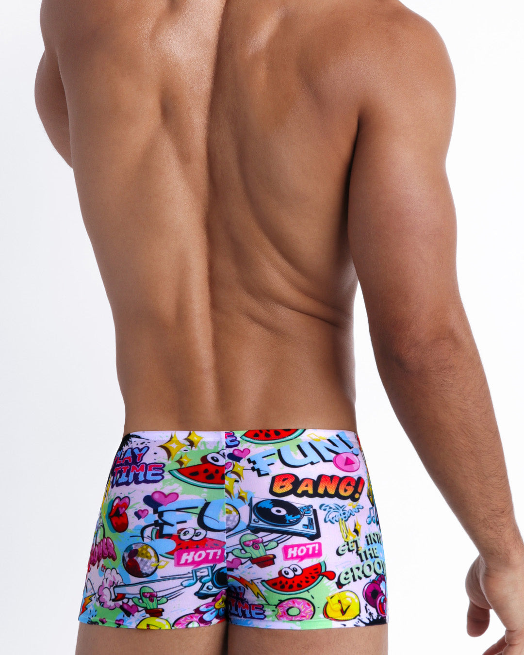 Back view of a sexy male model wearing men's swimwear with pop-culture theme made by the Bang! brand of men's beachwear.