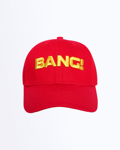 Frontal view of the HIGH RED Baseball cap in a solid bright red with flat embroidered BANG! logo in a bright yellow color. Distressed-effect details for a relaxed/worn in fit by BANG! Clothing based in Miami.