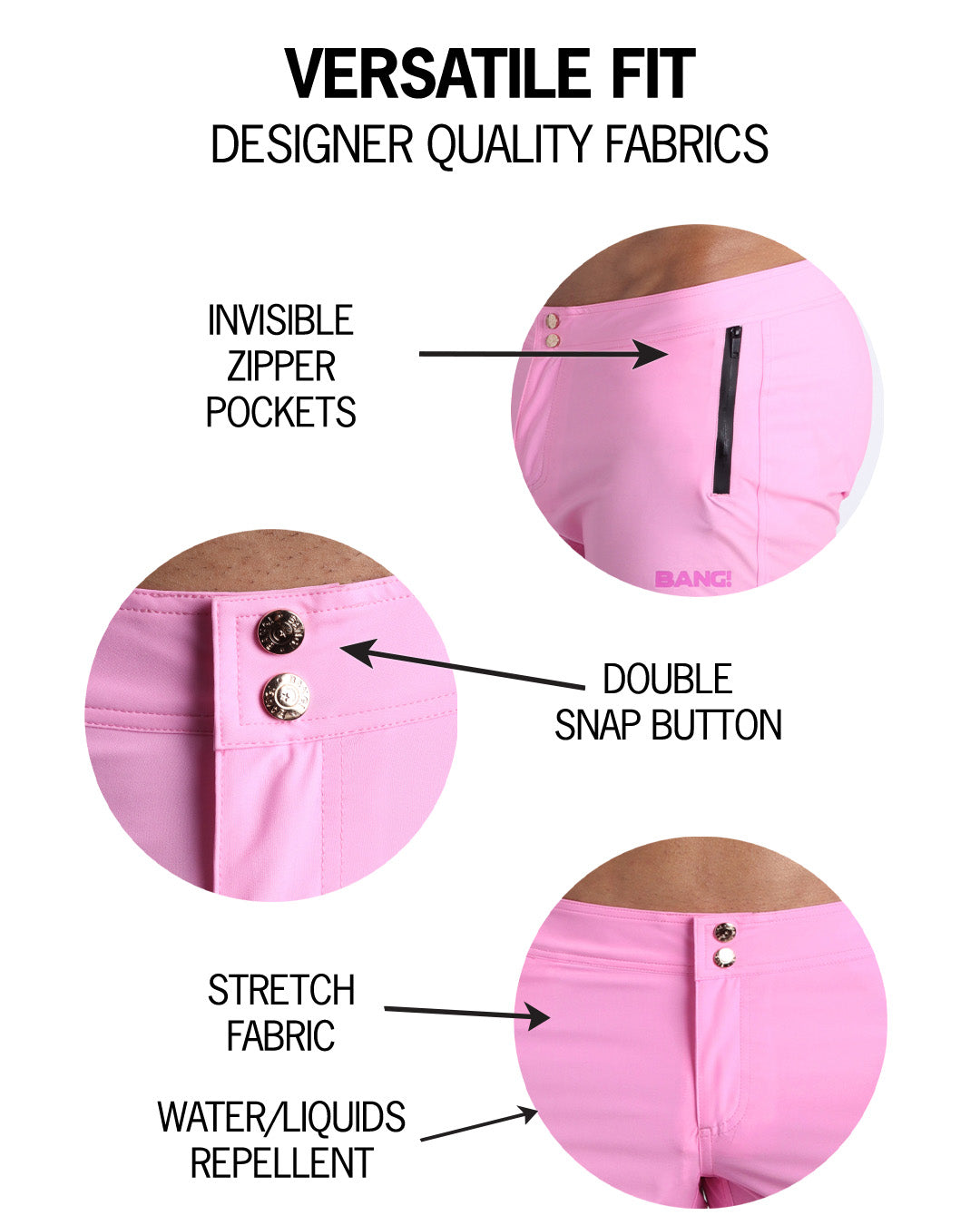 Infographic showing the versatile fit of these beach shorts by Bang! Clothes based in Miami.