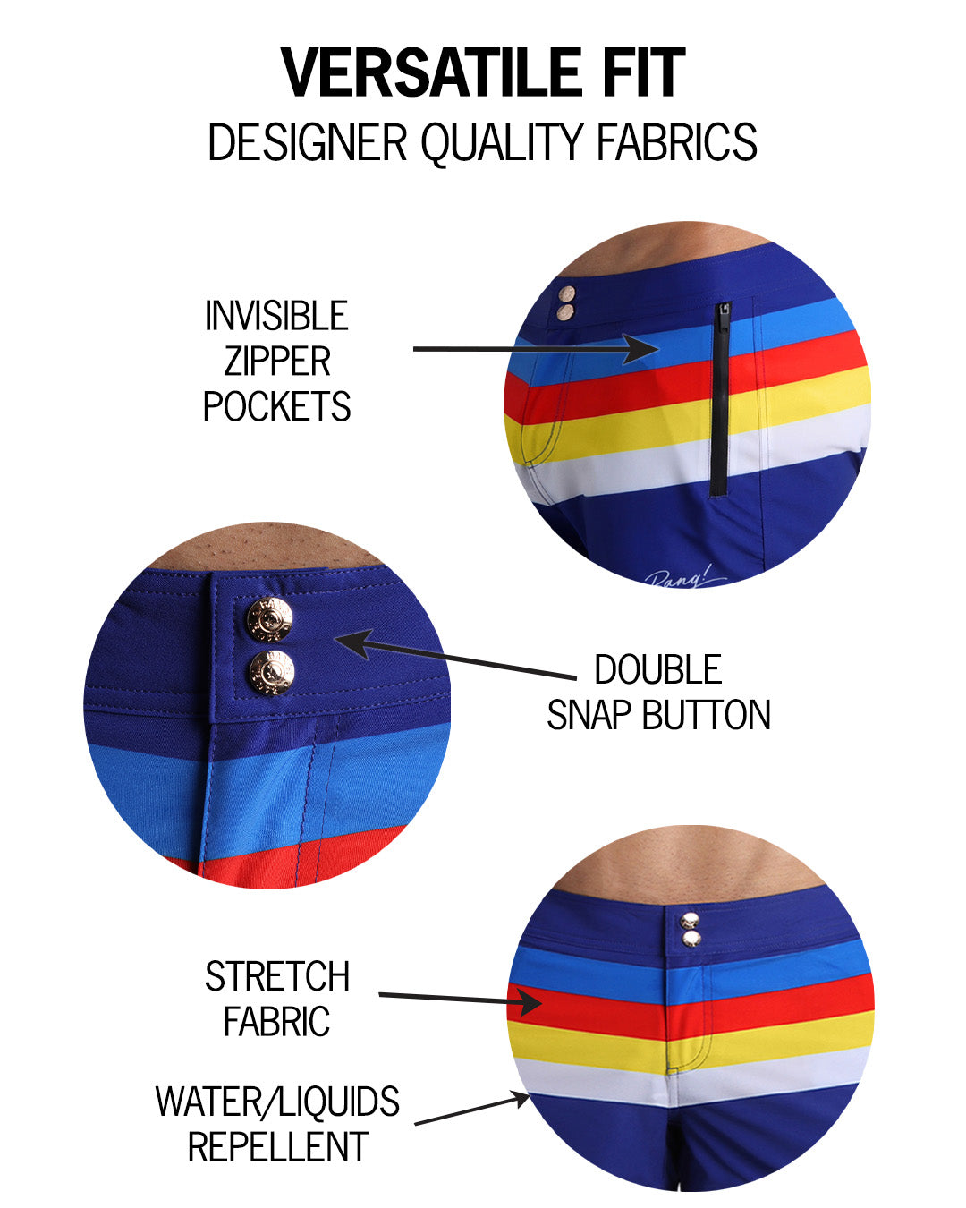 Infographic showing the versatile fit of these beach shorts by Bang! Clothes based in Miami.