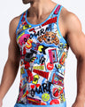 Side view of a sexy male model wearing a Summer casual tank top for men in a vibrant fun pop-culture theme made by the Bang! Brand of men's beachwear. 