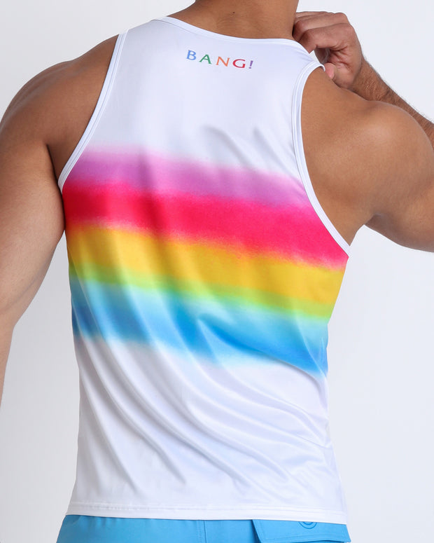 Back view of a sexy male model wearing new BANG Miami gimme your love tank top rainbow print Mariah Carey gay lgbtq 2021