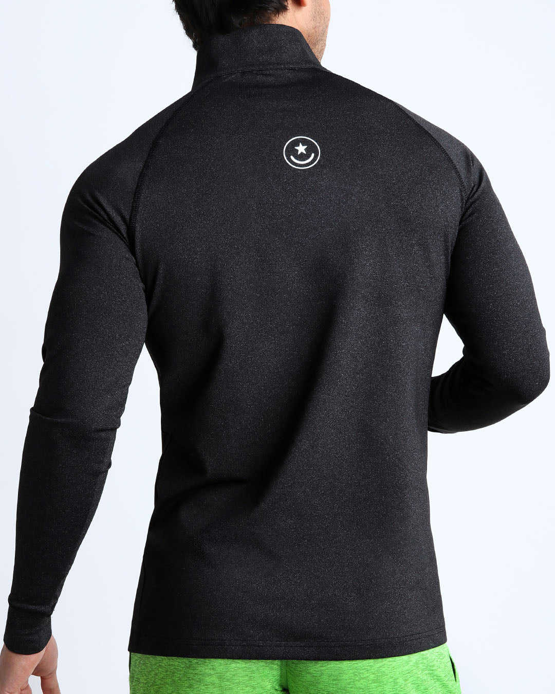 Back view of the IRON BLACK men's fitness pullover shirt in a jet black color by BANG! menswear Miami.