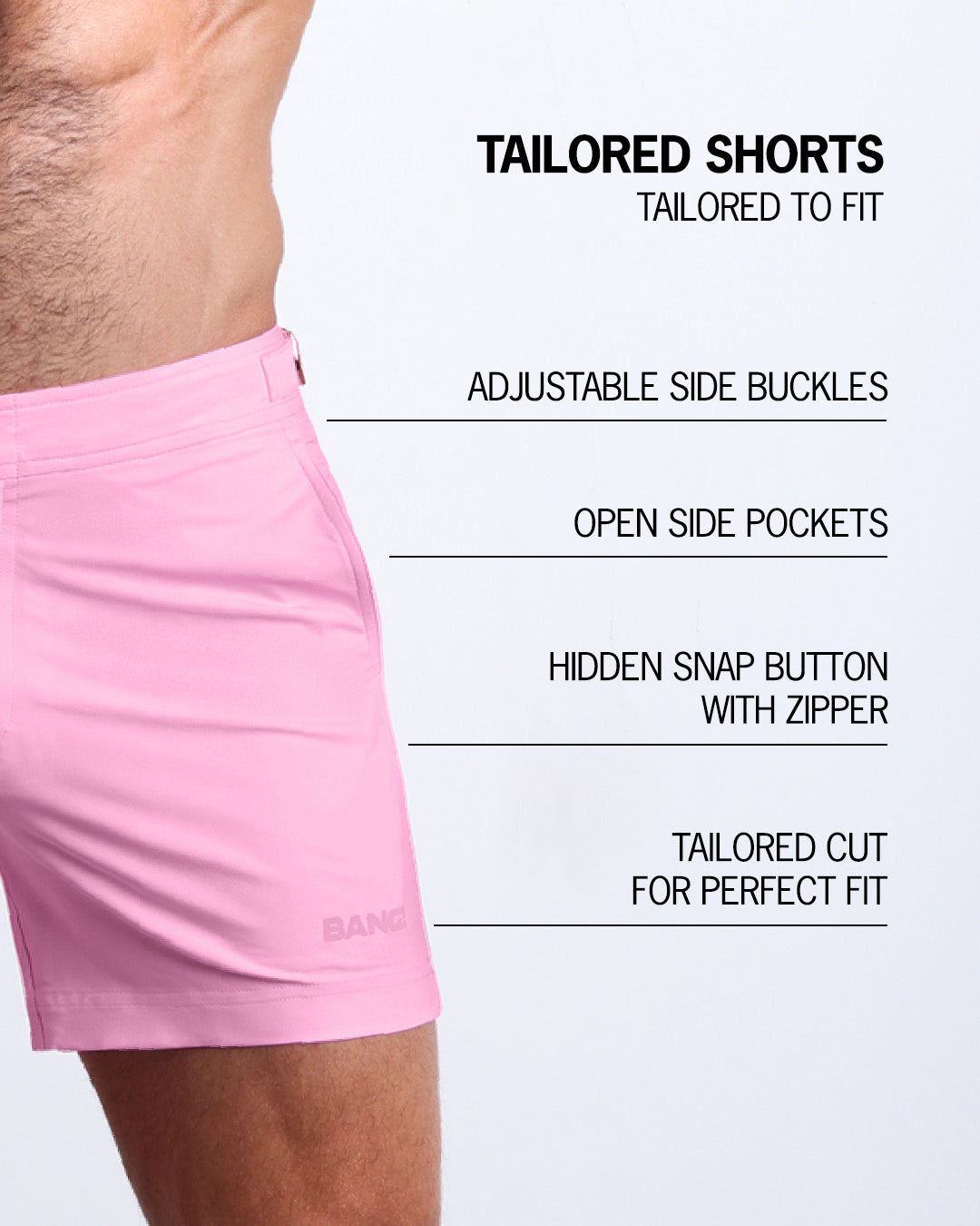 Infographic explaining the Tailored Shorts features and how they're tailored to fit every body form. They have hidden snap button with zipper, reinforced side pockets, and welded back pocket with zipper premium quality beach shorts for men.