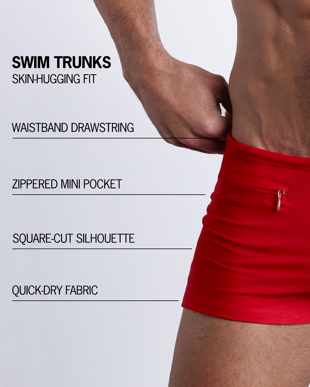 Infographic explaining the features of the MAJESTIC RED Swim Trunks by BANG! Clothes. These skin-hugging swimming shorts are quick-dry, have waistband drawstring, zipped mini pocket, and square-cut silhouette.