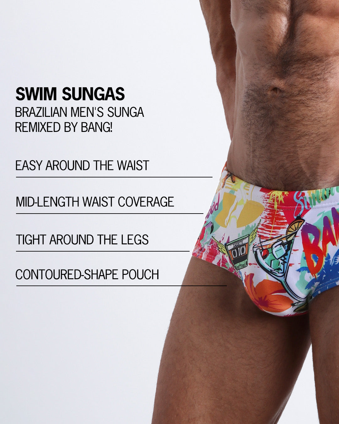 Infographic explaining the Brazilian Men's Swim Sunga remixed by BANG! These Swim Sunga are easy around the waist, are mid-length waist coverage, are tight aroung the legs, and have contoured-shape pouch.