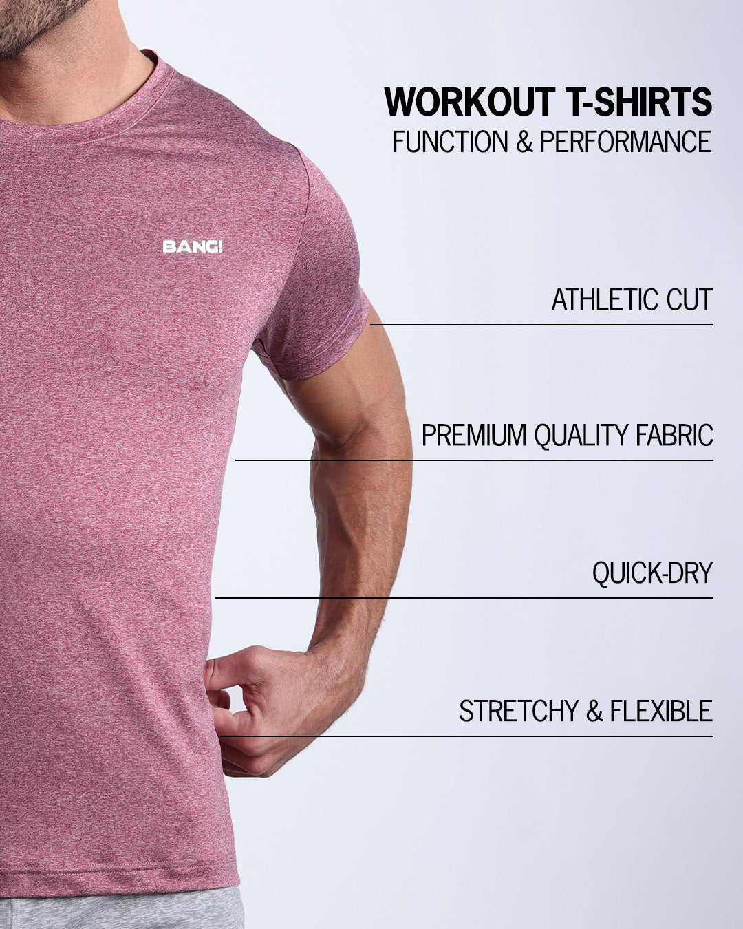 Infographic explaining the features of the RIPPED CRIMSON Workout T-Shirt made by BANG! Clothes. These performance workout top are quick-dry, stretchy & flexible, have an athletic cut, and premium quality fabric.