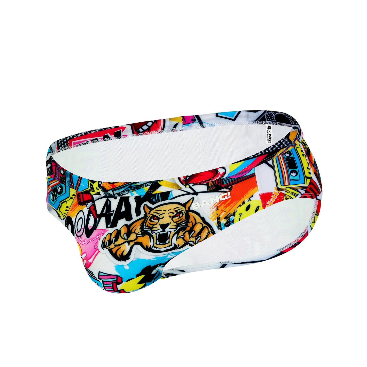 Side view of a sexy male model wearing men's swimwear with pop-culture theme made by the Bang! brand of men's beachwear.