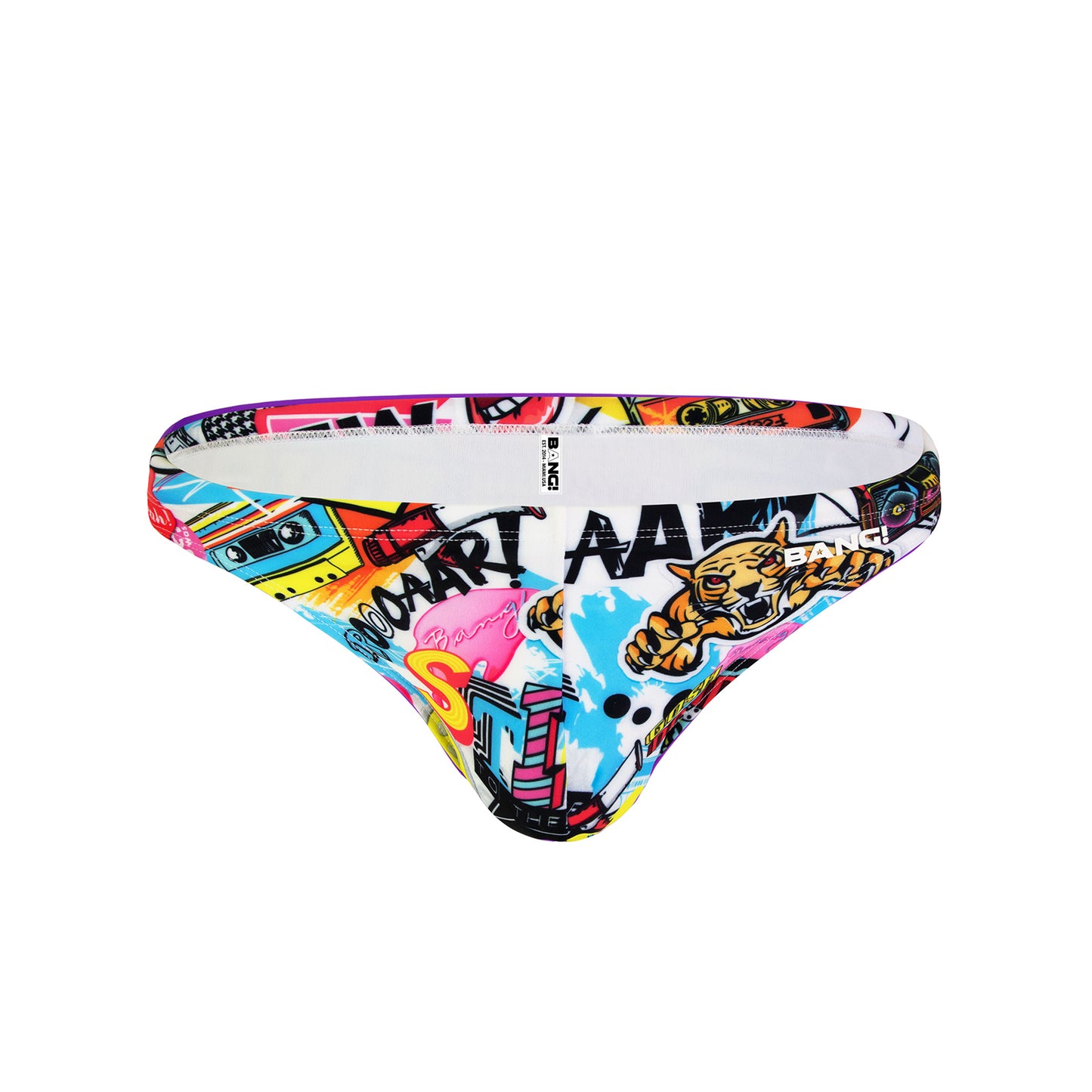 Frontal view of a sexy men’s swimsuit by the Bang! Clothes brand of men's beachwear from Miami.