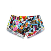 Front view of a sexy men's swimwear with pop-culture theme made by the Bang! brand of men's beachwear.