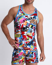 This men's tank top features fun and enegetic comics-style graphics in bold colors, with a prominent BANG! illustration.
