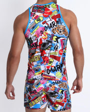 Back view of a sexy male model wearing a men's tank top with pop-culture theme made by the Bang! brand of men's beachwear.