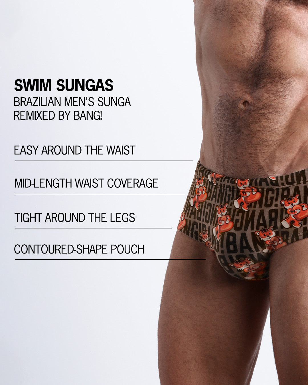Infographic explaining the Brazilian Men's Swim Sunga remixed by BANG! These Swim Sunga are easy around the waist, are mid-length waist coverage, are tight aroung the legs, and have contoured-shape pouch.
