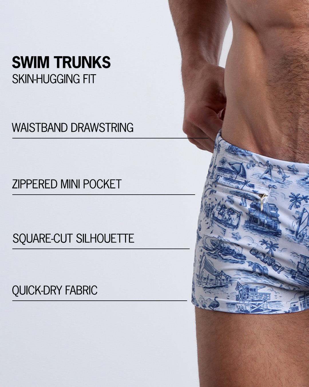 Infographic explaining the Swim Trunks swimming shorts by BANG! These Swim Trunks have a skin-hugging fit, have a wasitband drawstring, zippered mini pocket, square-cut silhouette and quick-dry fabric.