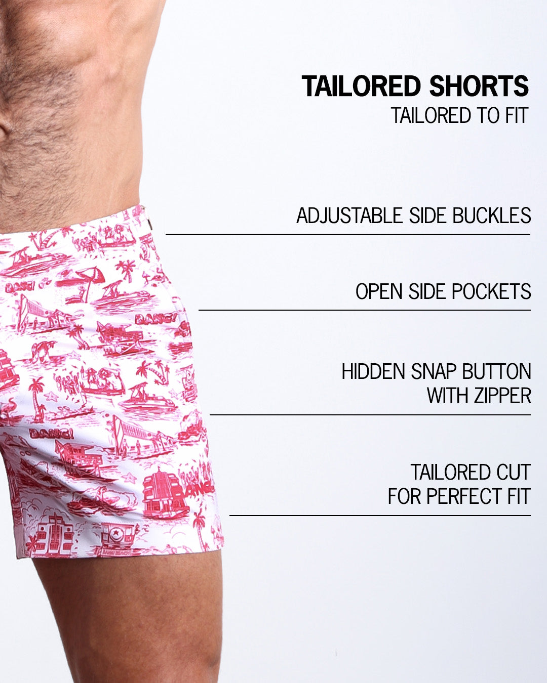 Infographic explaining the Tailored Shorts features and how they're tailored to fit every body form. They have hidden snap button with zipper, reinforced side pockets, and welded back pocket with zipper premium quality beach shorts for men.
