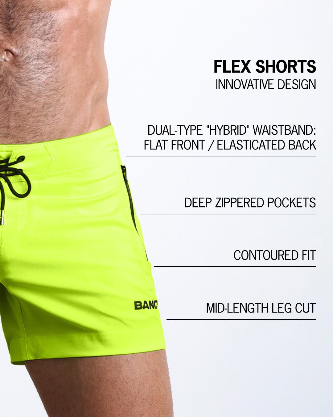 Infographic explaining the FLEX SHORTS innovative design. These shorts have dual-type "hybrid" waistband, deep zippered pockets, contoured fit, and mid-length leg cut.