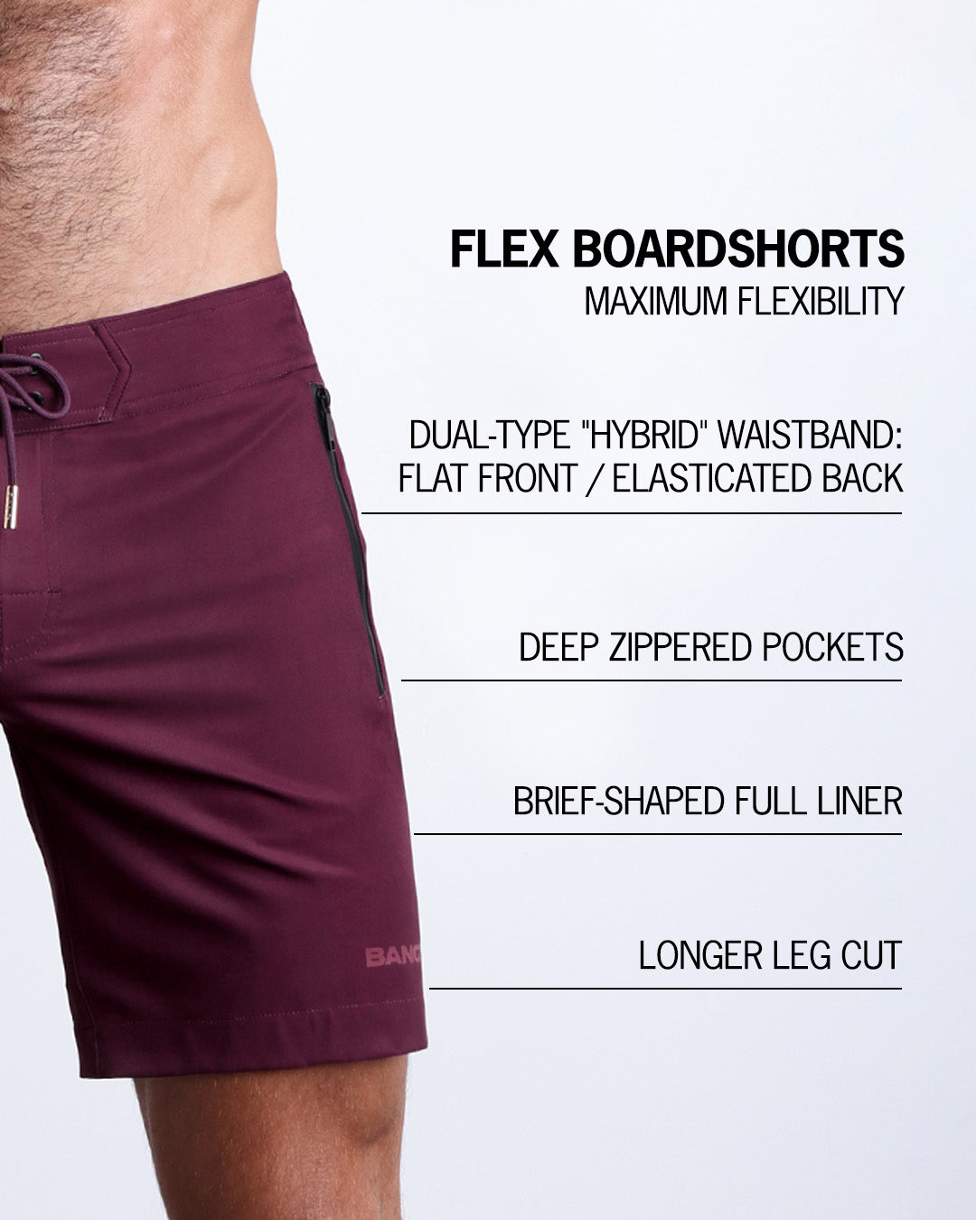 Infographic explaining all the features on the BANG! Clothes Flex Boardshorts. They have deep zippered pockets, brief-shaped full liner, longer leg cut, and a dual-type "hybrid" waistband.