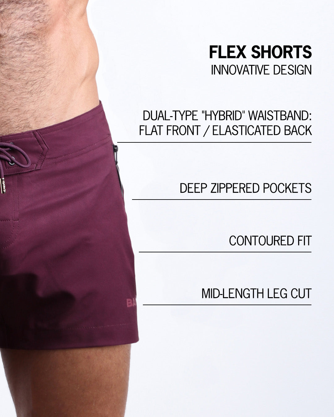 Infographic explaining the FLEX SHORTS innovative design. These shorts have dual-type "hybrid" waistband, deep zippered pockets, contoured fit, and mid-length leg cut.