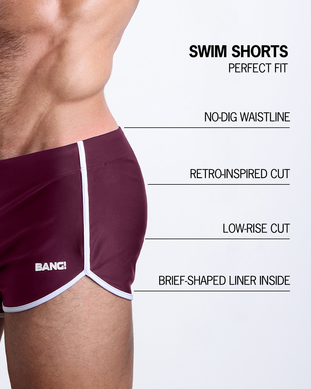 Infographic explaining the features of the VERY BERRY Swim Shorts by BANG! Clothes. These men's swimsuit have retro-inspired cut, low-rise cut, no-dig waistline, and have brief-shaped liner inside.