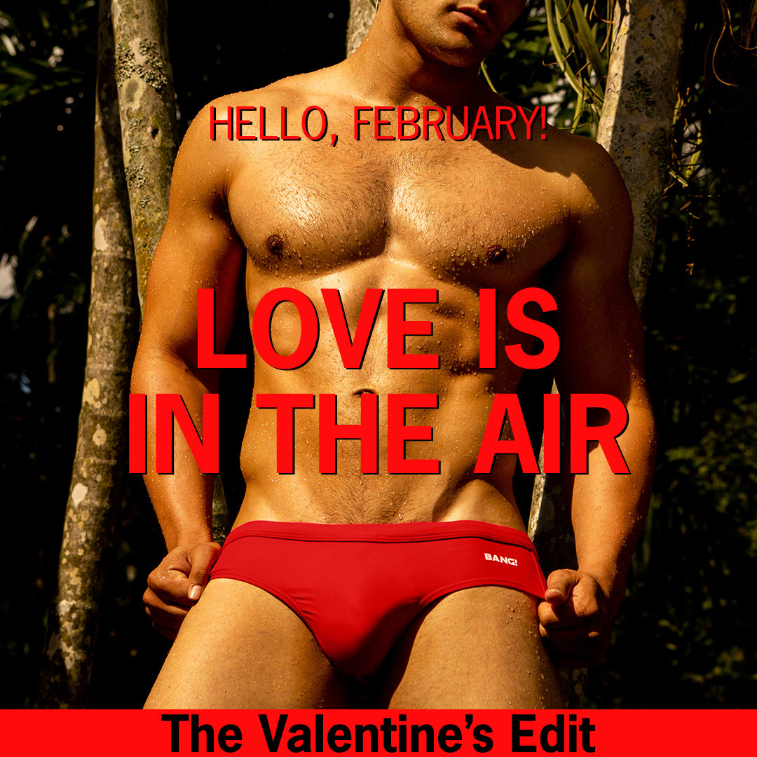 The Valentine's Edit by BANG Clothing Miami, featuring the Majestic Red Swim Series  for men and the new Pink Bomb men's sunga