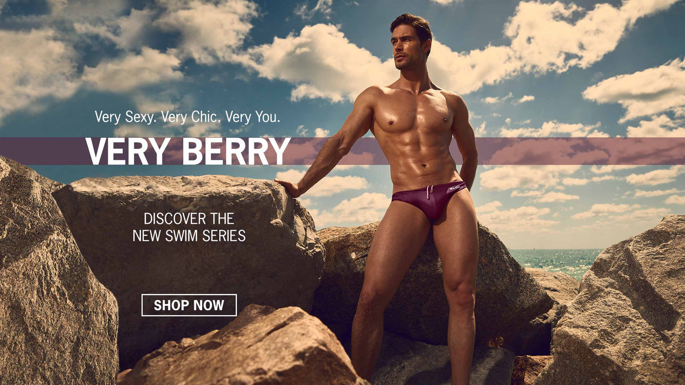 The VERY BERRY Series of Swimsuits and beach shorts for men in burgundy, bordeaux and wine colors by BANG Clothing Miami.