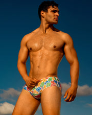 The Via Postal Series of Swimsuits by BANG Miami men beachwear, featuring postage stamps of Miami beach Sun, Fun, Sand, Sea, flamingo, dolphin, jet ski, lifeguard tower.