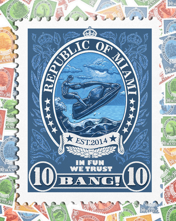 Close-up view of the VIA POSTAL men’s postal stamp image. BANG! Clothes postage stamp inspired by Miami Beach showing a man jet skiing in a blue color.