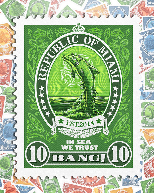 Close-up view of the VIA POSTAL men’s postal stamp image. BANG! Clothes postage stamp inspired by Miami Beach showing a dolphin wearing headphones and sun-glasses jumping out of the water in a green color.