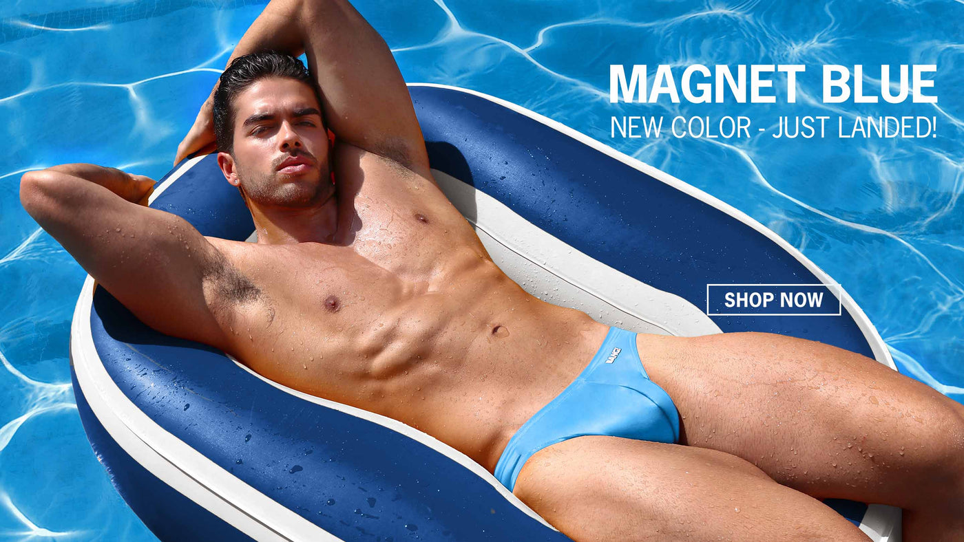 The Magnet Blue swimwear series by BANG! Miami, featuring light baby blue in all men's swimsuit silhouettes.