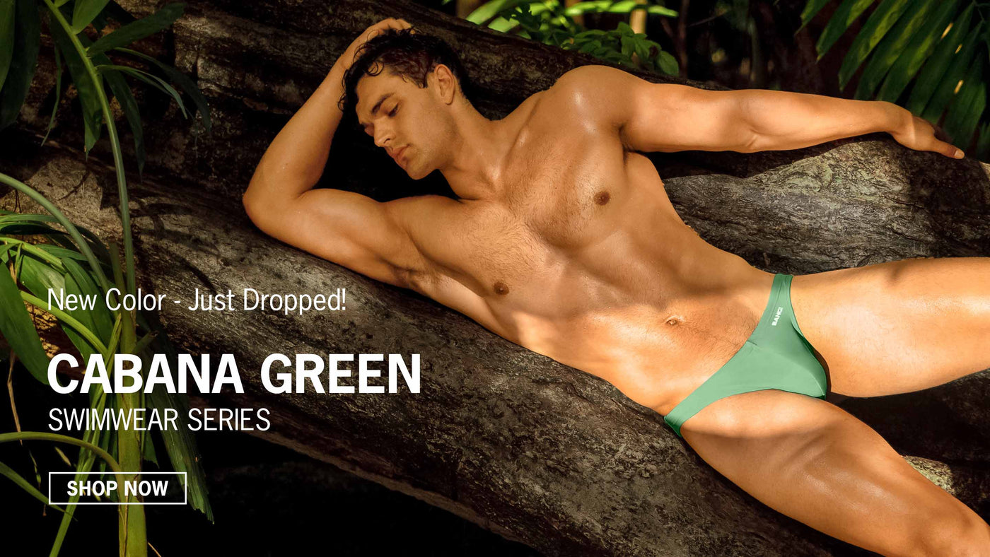 The Cabana Green swimwear series by BANG! Miami, featuring pastel forest green sage olive pistachio color in men's swimsuit silhouettes.