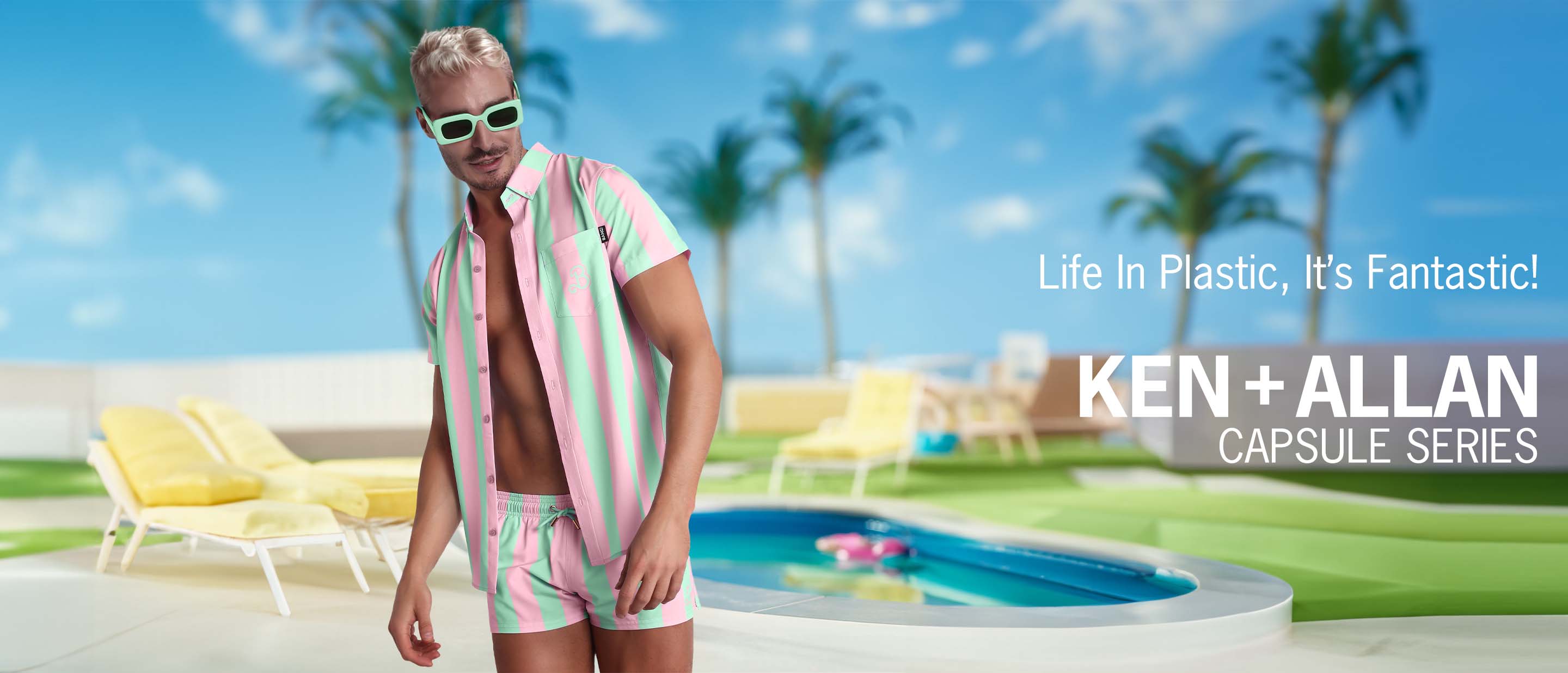 The KEN & ALLAN series by BANG Miami. Featuring men's beach shorts and short-sleeve shirts as seen on Barbie Movie worn by Ryan Gosling as Ken and Michael Cera as Allan.
