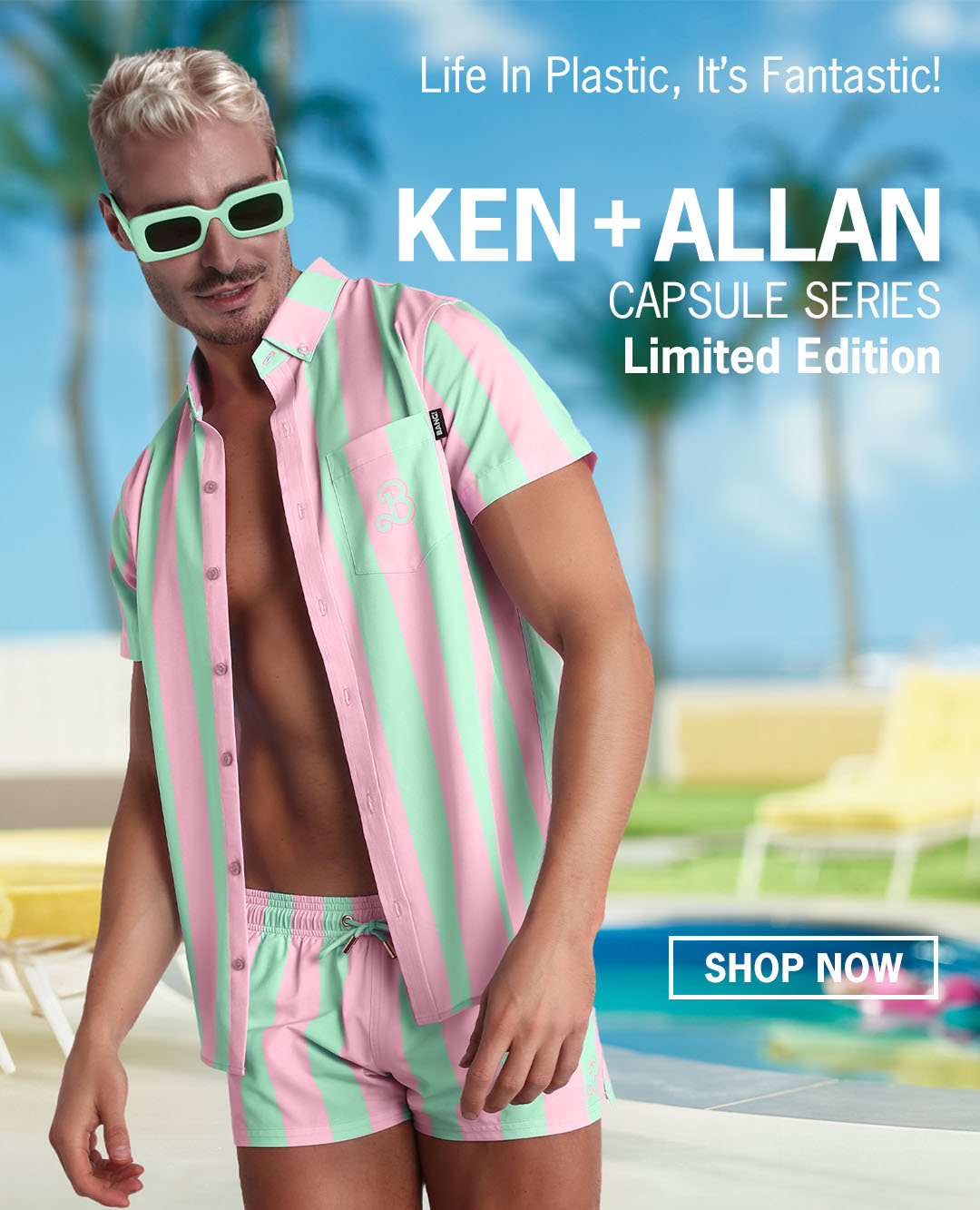 The KEN & ALLAN series by BANG Miami. Featuring men's beach shorts and short-sleeve shirts as seen on Barbie Movie worn by Ryan Gosling as Ken and Michael Cera as Allan.