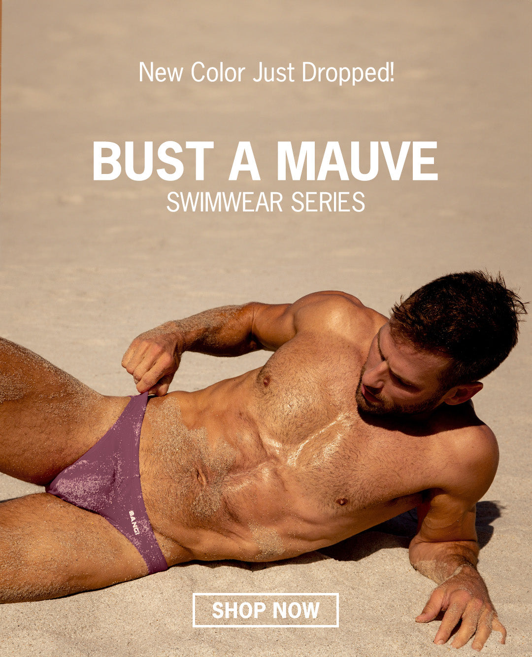 The BUST A MAUVE swimwear series by BANG! Miami, featuring light mauve purple color in all men's swimsuit silhouettes.